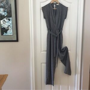 MONTEAU L.A. Woman One Piece Pinstripe Cap Sleeve Belted V Neck Jumpsuit…